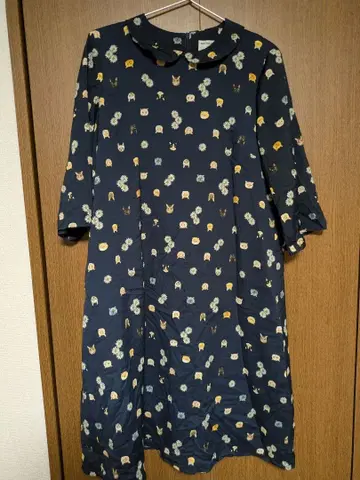 만나인 mannine 고양이 무늬 네이비 원피스 7부 소매