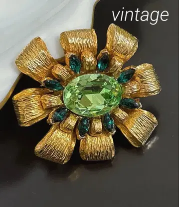 영국제 빈티지 브로치 flower 애프리콧 그린 유리