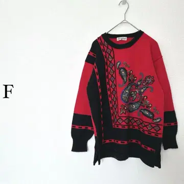 빈티지 구제 의류 장식 자수 니트 울 3D 입체 레트로 빨간색 블랙 F