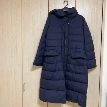 UNIQLO J 네이비 다운 롱 코트 후드 부착