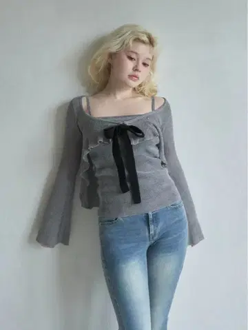 andmary Emma knit flare cardigan set 그레이