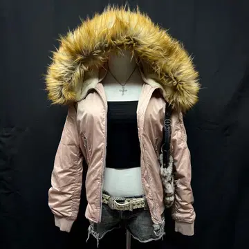 헤이세이 갸루 y2k 그런지 퍼 달린 N2B 플라이트 자켓 핑크 광택