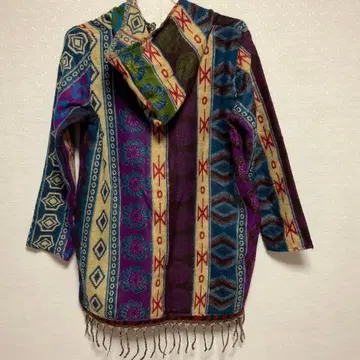 macrare 컬러풀 민족 패턴 가디건 판초 후드 프린지 부착 포켓