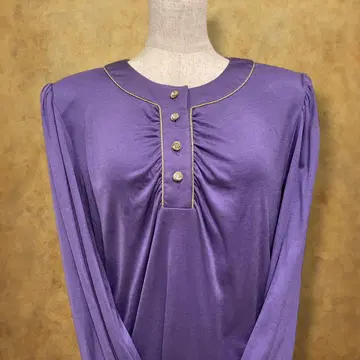 LEONARD 노카라 실크 100% 티셔츠 퍼플 x 골드 M