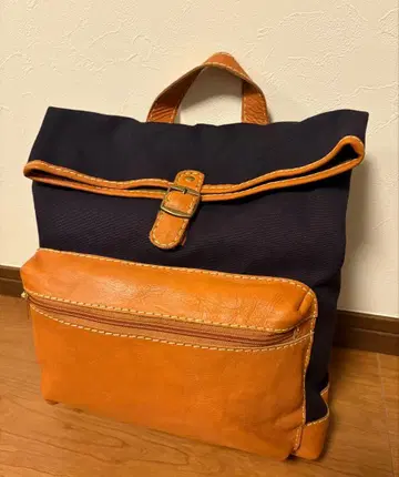 네이비 브라운 캔버스 가죽 백팩