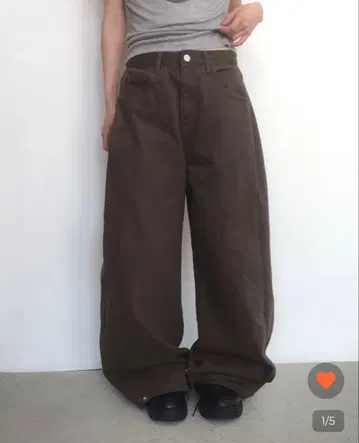 브라운 와이드 데님 팬츠 밑단 스냅 버튼 포함