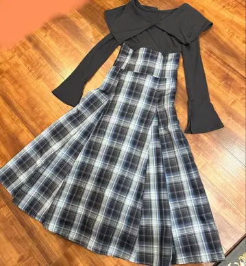 dazzlin 빅 칼라 체크 코르셋 원피스 체크 무늬 롱