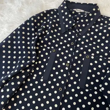 [ 일본제 ] 네이비 화이트 도트 무늬 긴팔 셔츠 블라우스 FREE