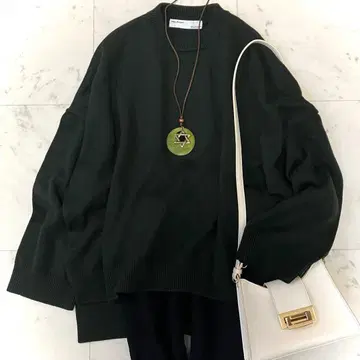 컨디션 최상 라빠르망 크루넥 볼륨 슬리브 니트 다크 그린