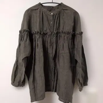 ubasoku 우바소크 린넨 볼륨 소매 밴드 카라 프릴 블라우스 카키