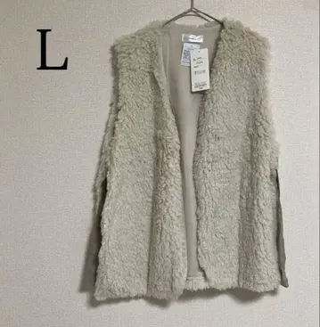 퍼 베스트 슬리브리스 리본 디테일 L 아이보리 푸들 퍼 아우터