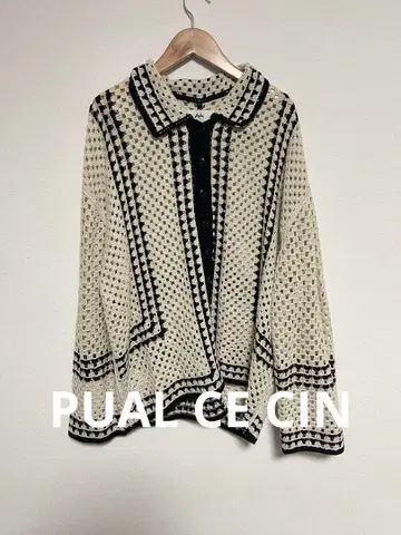 PUAL CE CIN 배색 열쇠고리 뜨개질풍 카라 부착 가디건 퓨어세신