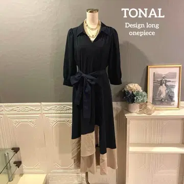 [ 2만 엔 ] TONAL 바이컬러 디자인 롱 네이비 원피스