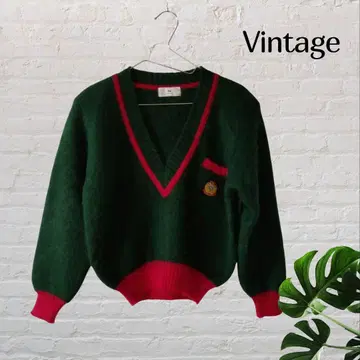 쇼와 레트로 스웨터 빈티지 V넥 스웨터 그린 빨간색