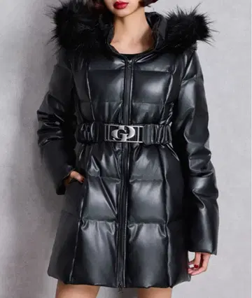 GYDA 벨트 인조 가죽 롱 다운 코트