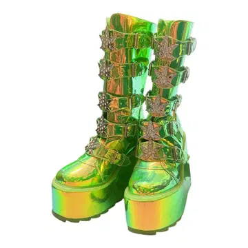 YRU 그린 통굽 부츠 벨트 비쥬 하라주쿠 스타일 스터드 버클