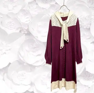 니트 원피스 롱 [ M ] 와인 레드 레이스 숄 옷깃 꽃무늬 귀여운