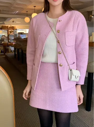 한국 쇼핑몰 wonlog 골드 버튼 핑크 트위드 자켓