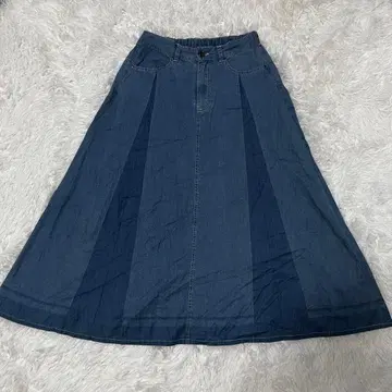 [ CANOA ] 데님 플리츠 플레어 스커트 M 면 혼방 블루 롱 기장