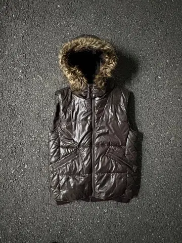 다크 브라운 다운 베스트 퍼 후드