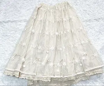 핑크하우스 아이보리 베이지 꽃무늬 자수 플레어 스커트