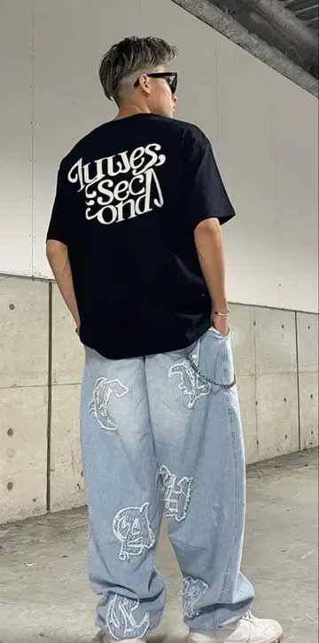 라이트 블루 데미지 자수 와이드 팬츠