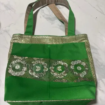 그린 컬러 꽃무늬 자수 일본 의류용 백 중형