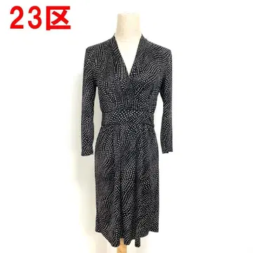 A6475 23구 롱 원피스 7부 소매 도트 올 패턴 스트레치 블랙 32