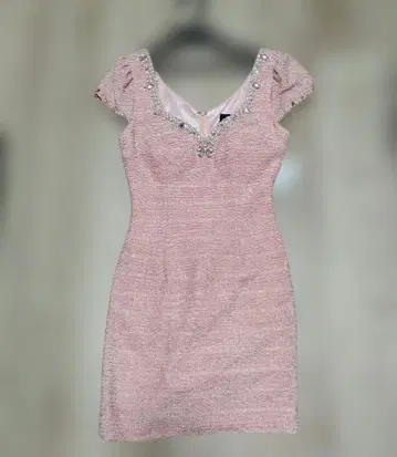 택 포함 미사용 새상품 비즈 장식 핑크 트위드 드레스