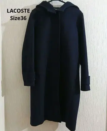 LACOSTE 후드 부착 멜톤 롱 코트 Size 36 네이비 울