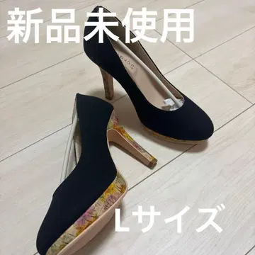 미사용 새상품 펌프스 블랙 통굽 힐 꽃무늬 L 사이즈
