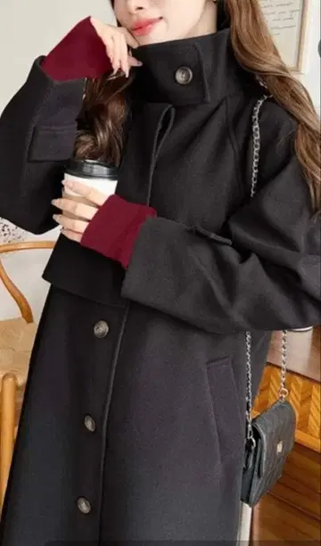 memento + 니트 멜톤 스탠드 카라 케이프 코트 블랙 M