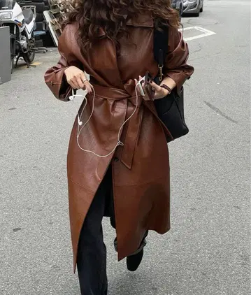 브라운 가죽 롱 코트 허리 벨트 포함