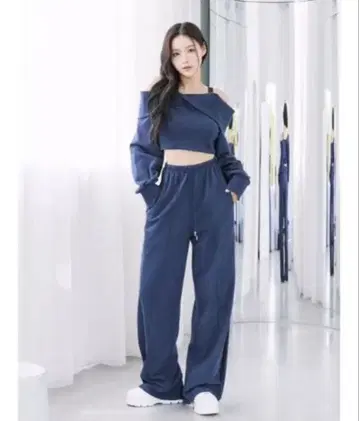 EATME 오프숄더 레이스 맨투맨 사이드 레이스 스웨트 팬츠 셋업