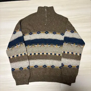 패턴 니트 하이넥 스웨터 모헤어 니트 90s
