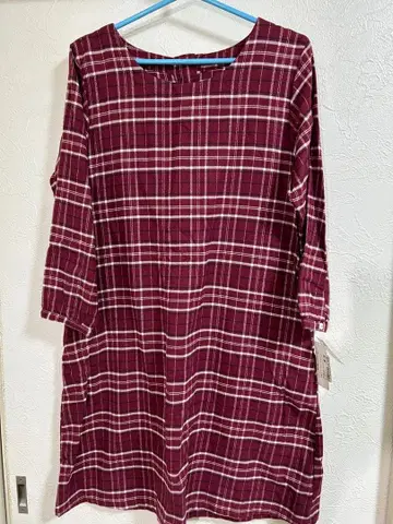 반슈 직조 따뜻한 코튼 100% 버건디 체크 무늬 원피스 M