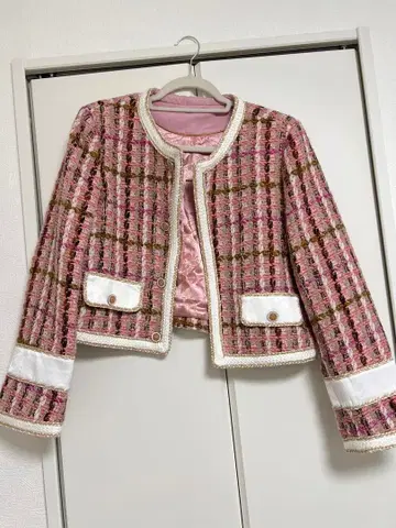 핑크 트위드 노카라 자켓