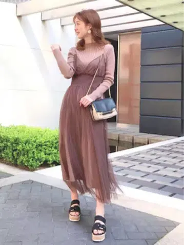 브라운 니트 튤 롱 원피스