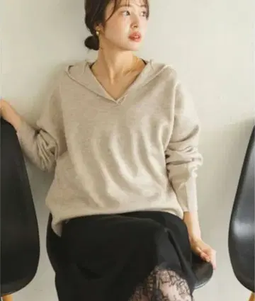 이중직 턱 니트 후드 풀오버