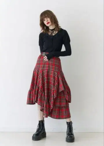 jouetie 불규칙 프릴 플레어 체크 스커트