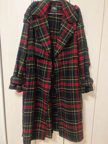 레어 ZARA 트렌치 가운 코트 자켓 빨간색 체크 오버 사이즈