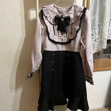 유메텐보 요크 프릴 하트 비쥬 리본 플레어 원피스