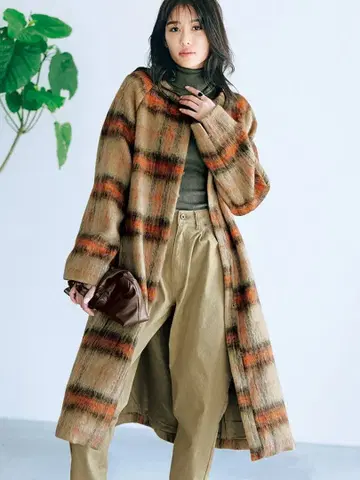 so.close 체크 샤기 노카라 코트 베이지 L 사이즈