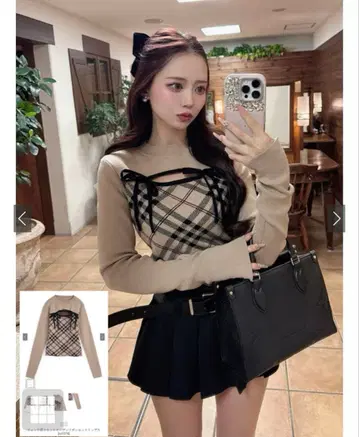 GRL 체크 무늬 프론트 오픈 리본 니트탑 [ru1374]S