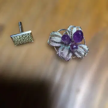 실버 자수정 꽃 모티브 커프스 단추