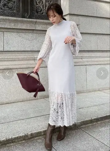 anuans 스캘럽 레이스 도킹 니트 원피스