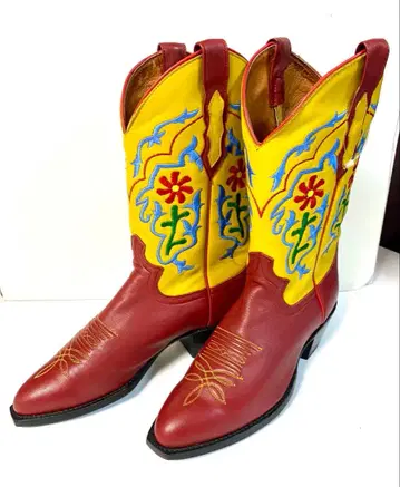 미사용 웨스턴 부츠 빨간색 옐로우 컬러 자수 7B