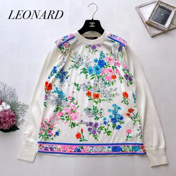고급 레오나르 니트 스웨터 실크 혼방 꽃무늬 로고 아이보리 M