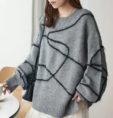 미사용 디스코트 멜란지 얀 선 패턴 풀오버 그레이 여성용 니트