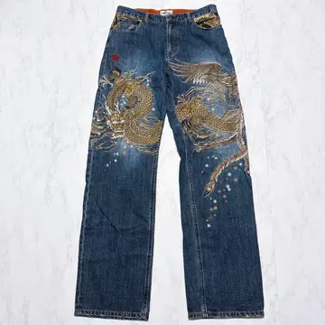 카라쿠리타마시 데님 팬츠 용 드래곤 봉황 피닉스 자수 w36 금 자수